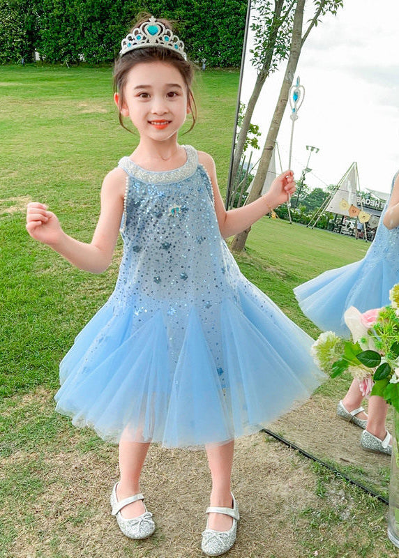 Elegant Blue Sequins Patchwork Tulle Baby Girls Dress Sleeveless