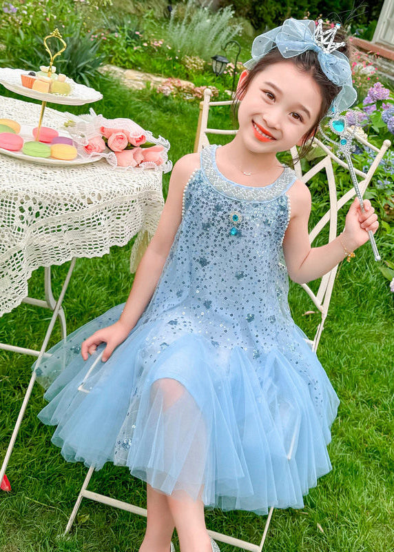 Elegant Blue Sequins Patchwork Tulle Baby Girls Dress Sleeveless
