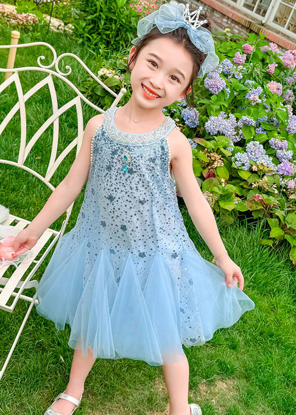 Elegant Blue Sequins Patchwork Tulle Baby Girls Dress Sleeveless