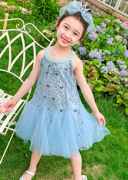 Elegant Blue Sequins Patchwork Tulle Baby Girls Dress Sleeveless