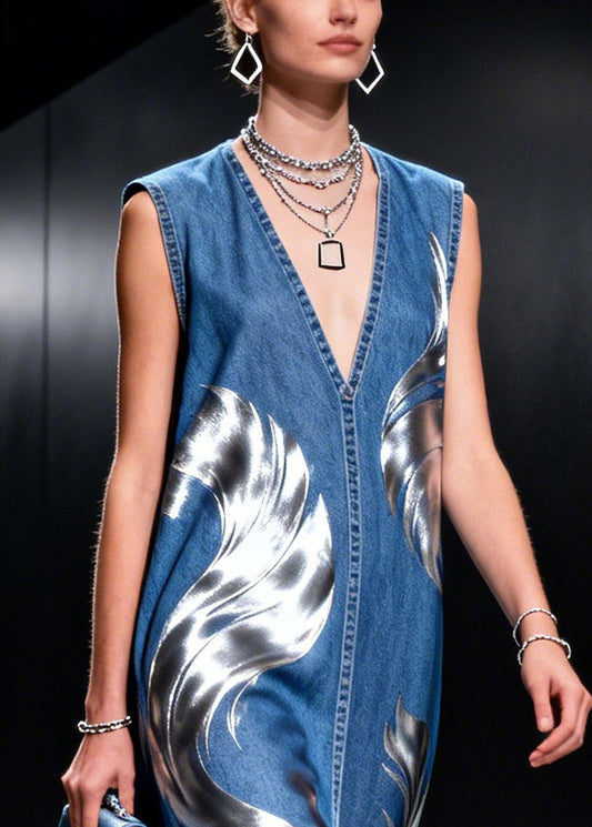 Elegant Blue V Neck Patchwork Print Denim Holiday Dresses Sleeveless