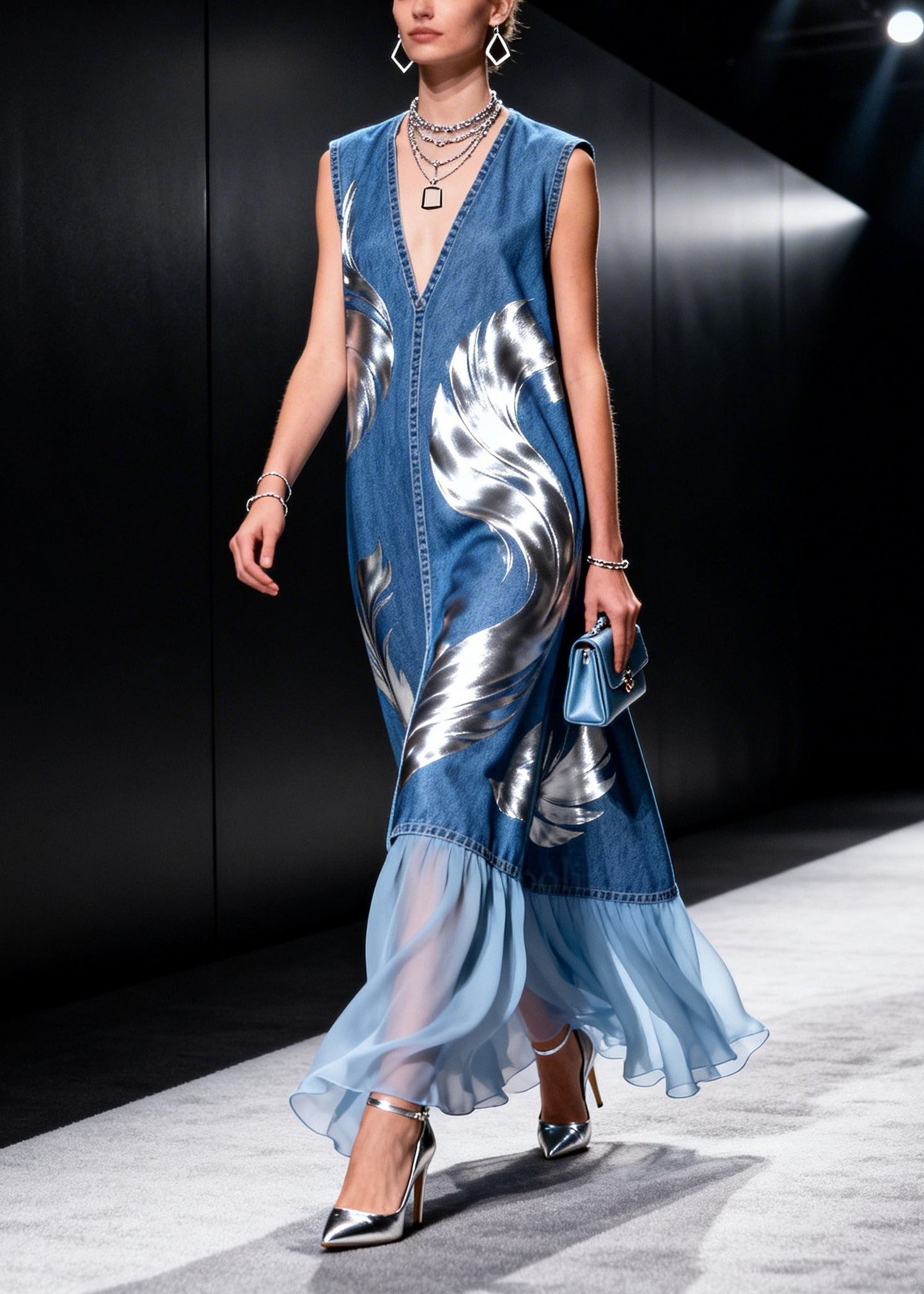 Elegant Blue V Neck Patchwork Print Denim Holiday Dresses Sleeveless
