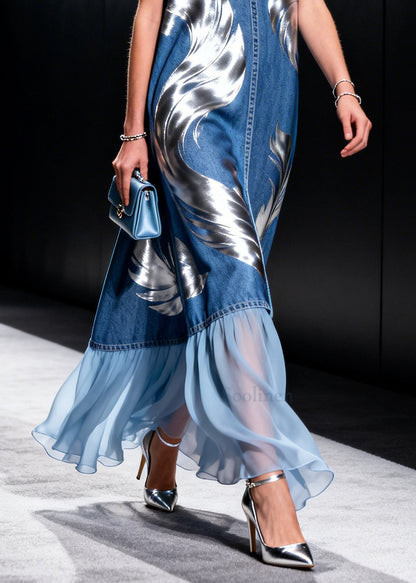 Elegant Blue V Neck Patchwork Print Denim Holiday Dresses Sleeveless