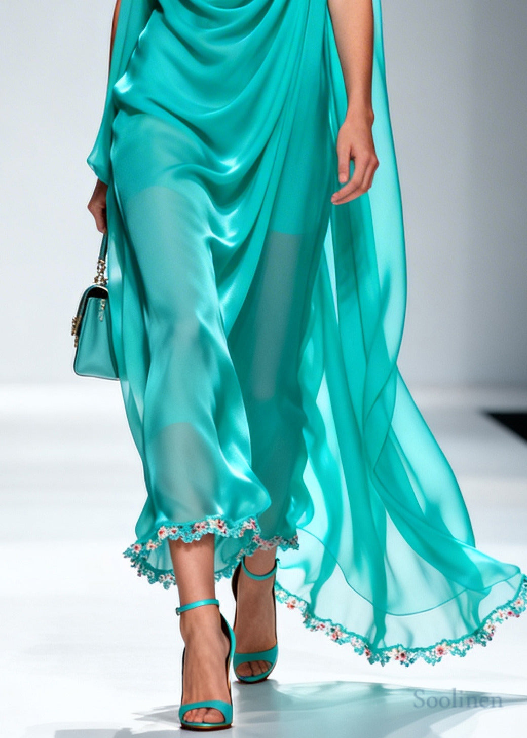 Elegant Blue Wrinkled Draping Chiffon Long Dress Summer