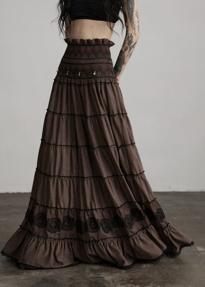 Elegant Brown Embroidered Tasseled Cotton Holiday Skirt Spring