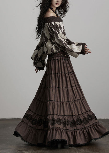 Elegant Brown Embroidered Tasseled Cotton Holiday Skirt Spring