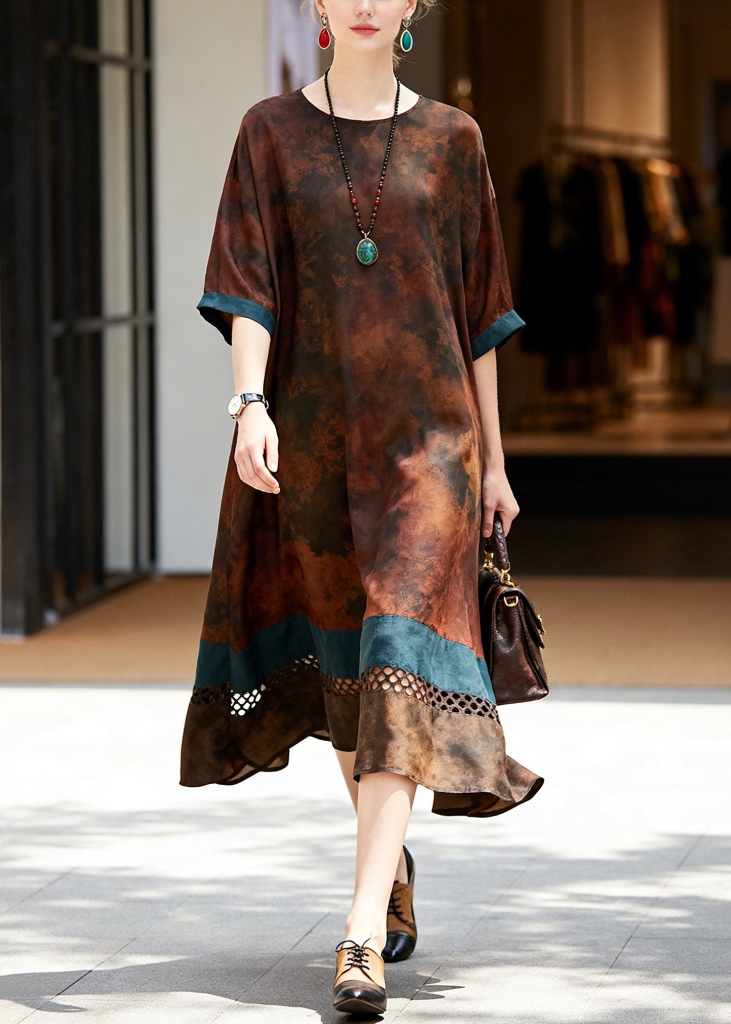Elegant Brown Hollow Out Patchwork Cotton Long Dress Summer