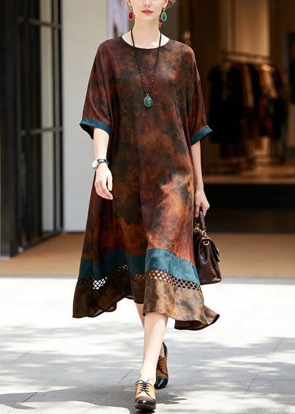 Elegant Brown Hollow Out Patchwork Cotton Long Dress Summer