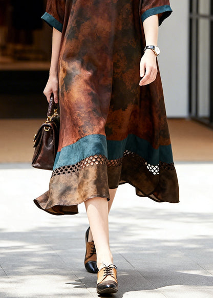 Elegant Brown Hollow Out Patchwork Cotton Long Dress Summer