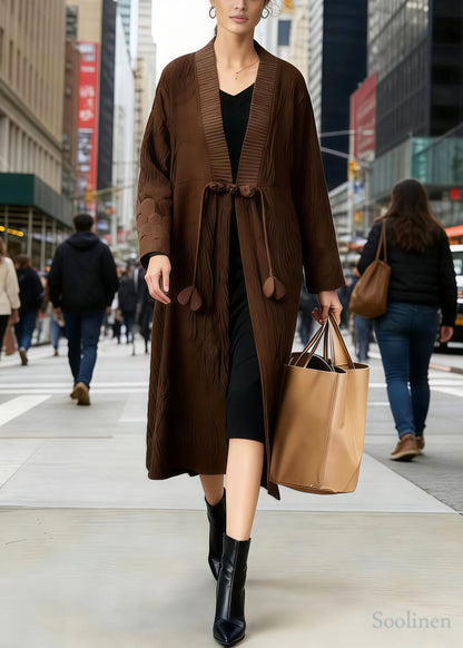 Elegant Brown Tasseled Chinese Button Cotton Trench Spring