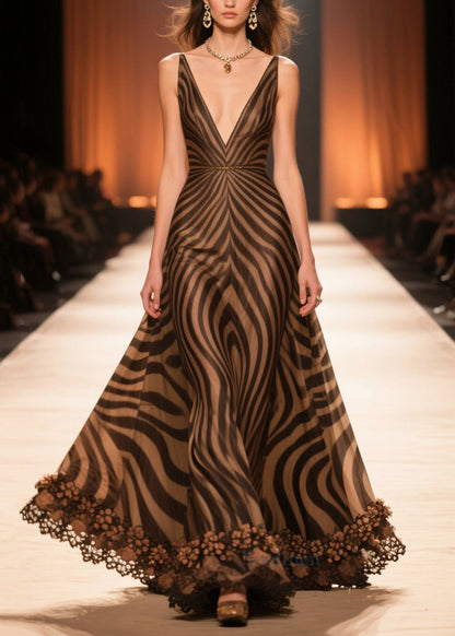 Elegant Brown V Neck Striped Chiffon Long Dresses Summer