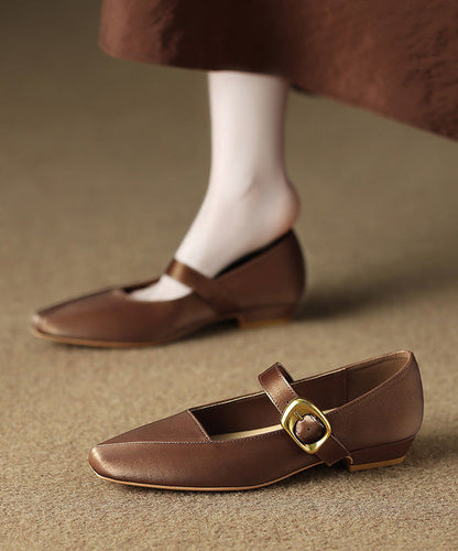 Elegant Buckle Strap Splicing Flats Brown Faux Leather