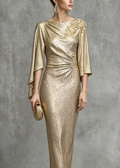 Elegant Champagne Asymmetrical Design Zircon Wrinkled Dress Summer