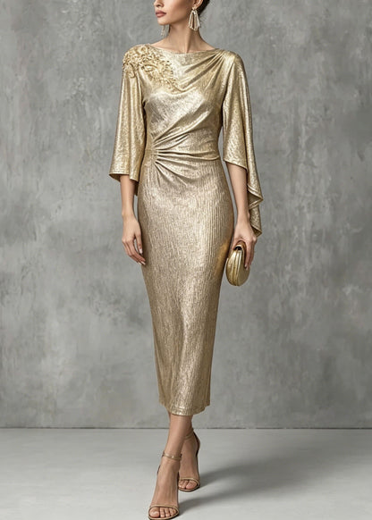 Elegant Champagne Asymmetrical Design Zircon Wrinkled Dress Summer