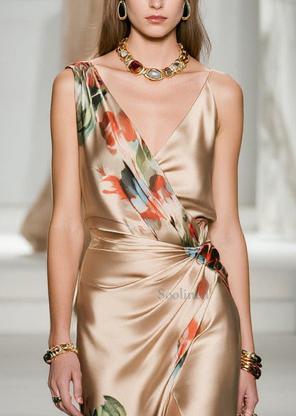 Elegant Champagne Print Side Open Silk Party Dress Summer
