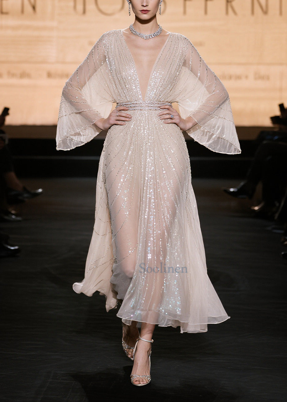 Elegant Champagne Sequins Hollow Out Tulle Party Dress Summer