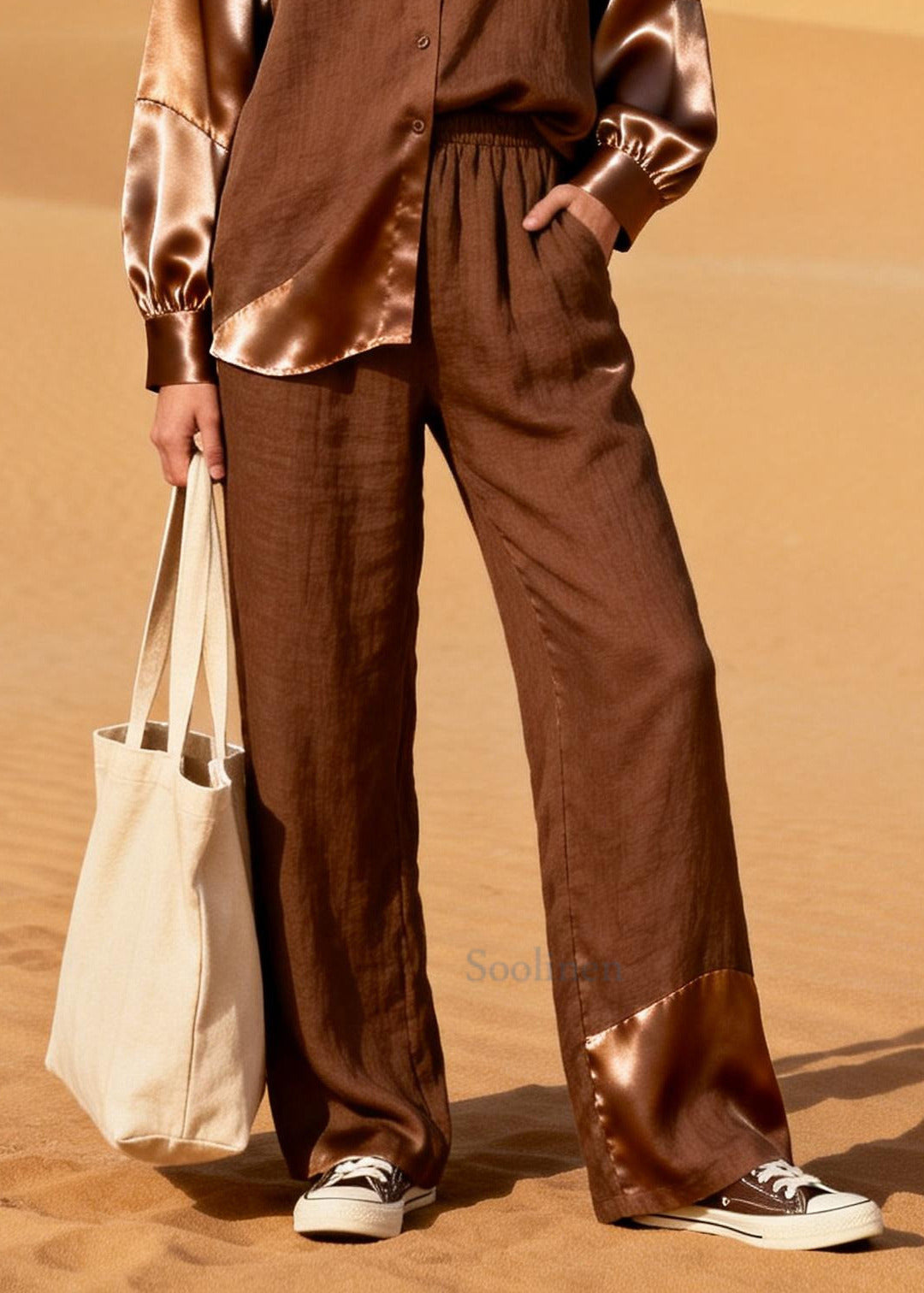 Elegant Chocolate Asymmetrical Patchwork Linen Two Piece Suit Set Spring