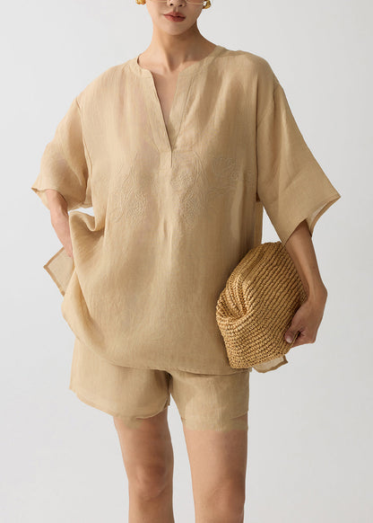 Elegant Coffee Embroidered Linen Two Pieces Set Summer