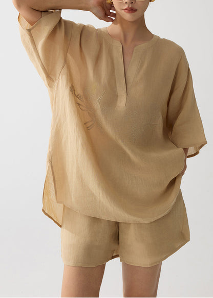 Elegant Coffee Embroidered Linen Two Pieces Set Summer