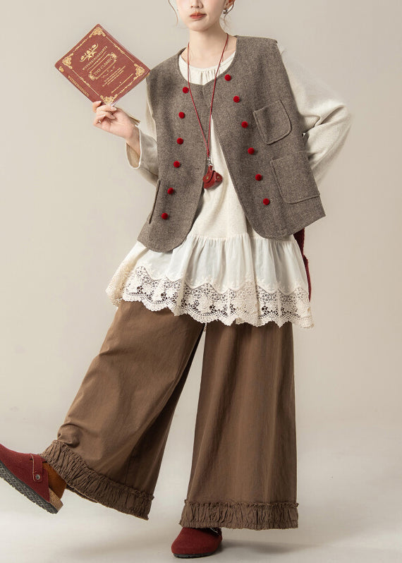 Elegant Coffee Pockets Woolen Waistcoat And Ruffled Pants Hollow Out T Shirt Cotton Three Pieces Set Spring