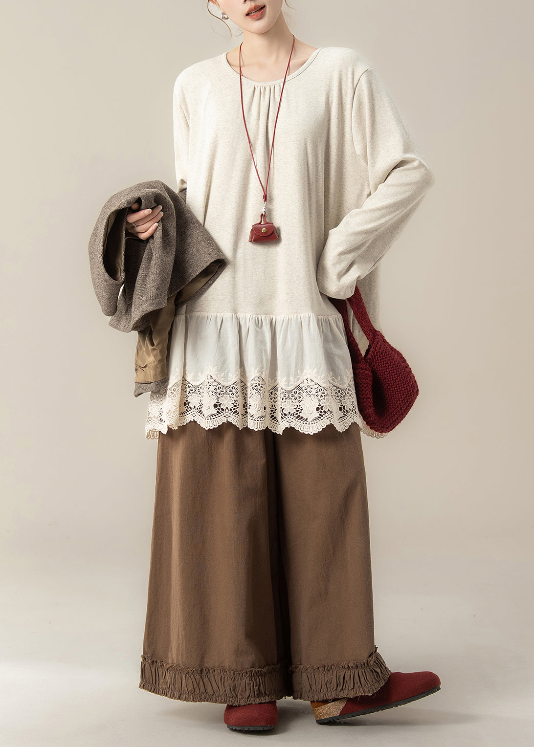 Elegant Coffee Pockets Woolen Waistcoat And Ruffled Pants Hollow Out T Shirt Cotton Three Pieces Set Spring