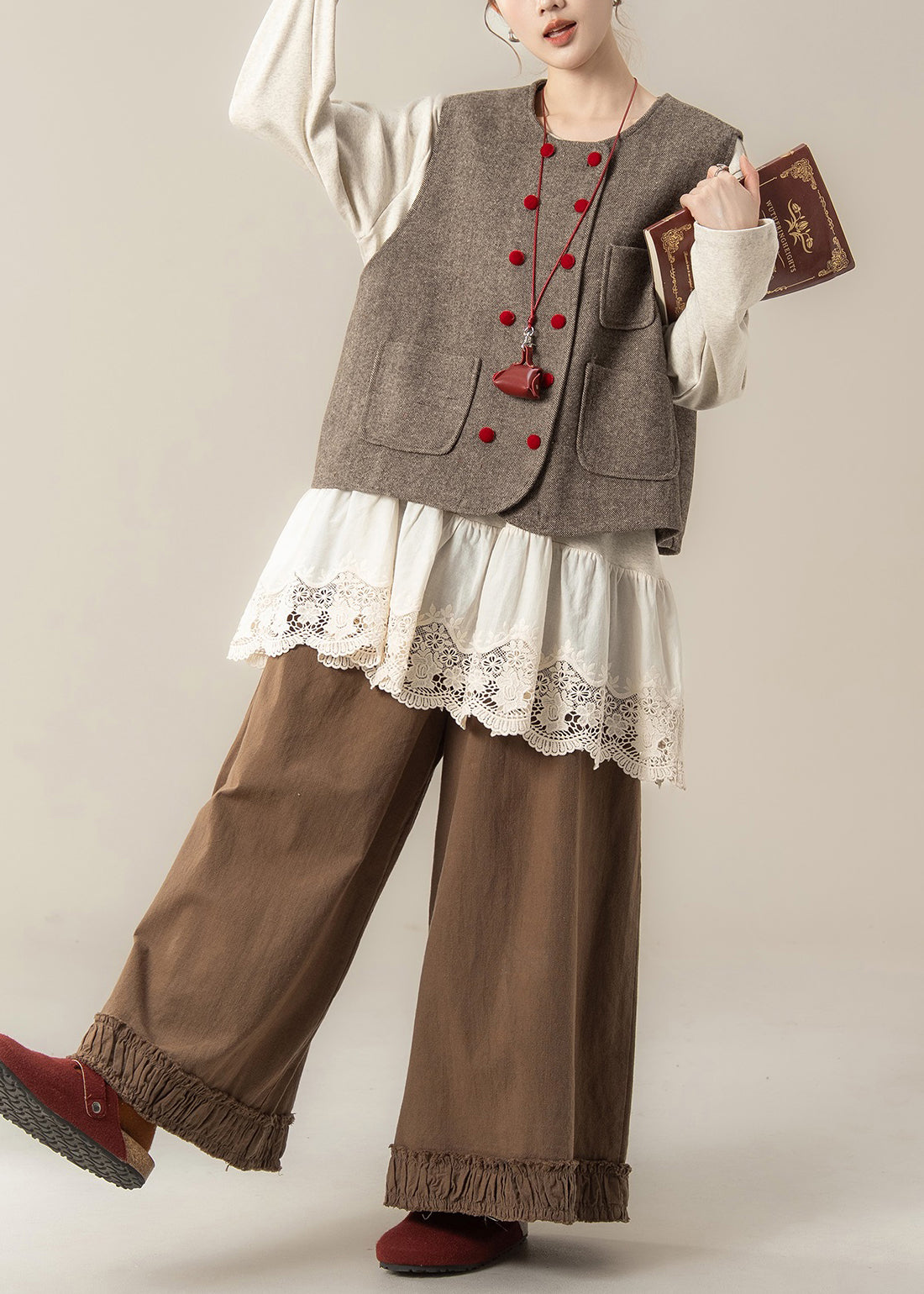 Elegant Coffee Pockets Woolen Waistcoat And Ruffled Pants Hollow Out T Shirt Cotton Three Pieces Set Spring