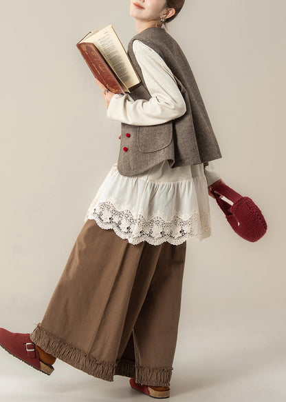 Elegant Coffee Pockets Woolen Waistcoat And Ruffled Pants Hollow Out T Shirt Cotton Three Pieces Set Spring