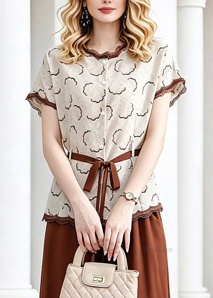 Elegant Coffee Tie Waist Chiffon Tops And Crop Pants Two Piece Set Short Sleeve