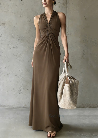Elegant Coffee V Neck Cold Shoulder Wrinkled Solid Long Dress Summer