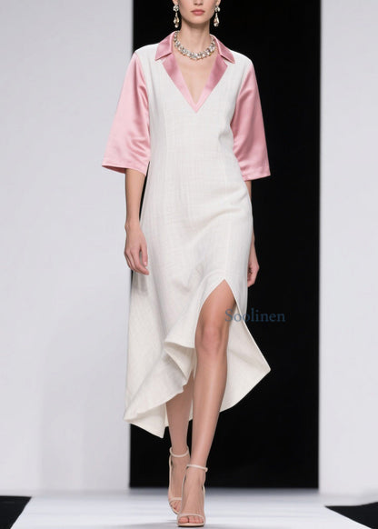 Elegant Colorblock Asymmetrical Patchwork Linen Silk Dresses Summer