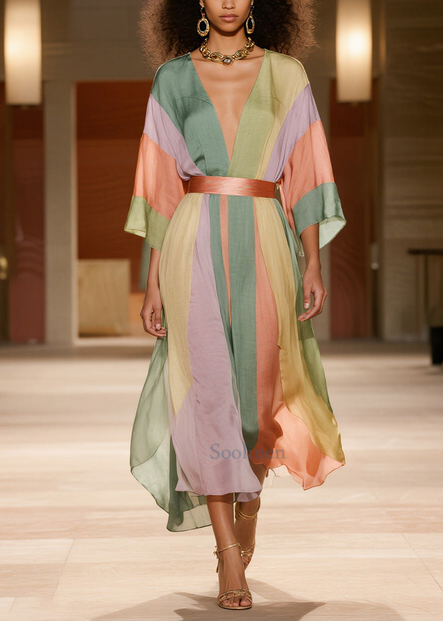 Elegant Colorblock Cinched Striped Silk Cotton Dress Summer