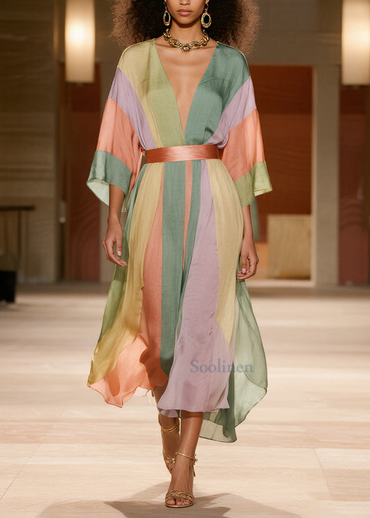 Elegant Colorblock Striped Draping Silk Cotton Tunic Dresses Summer