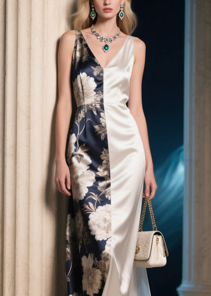 Elegant Colorblock V Neck Print Silk Long Dresses Summer