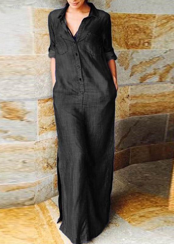 Elegant Denim Blue Peter Pan Collar Patchwork Pockets Maxi Shirts Dresses Long Sleeve