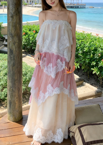 Elegant Gradient Pink Patchwork Lace Holiday Cami Dress Summer