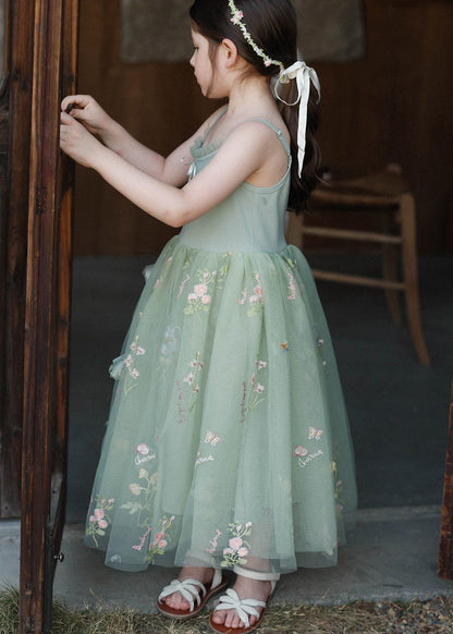 Elegant Green Embroideried Patchwork Tulle Kids Long Spaghetti Strap Dress Sleeveless