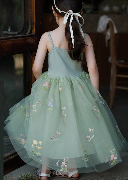 Elegant Green Embroideried Patchwork Tulle Kids Long Spaghetti Strap Dress Sleeveless