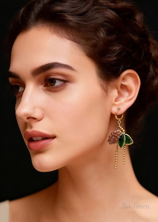 Elegant Green Leaves Grapes Tassels Drop Earrings