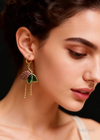 Elegant Green Leaves Grapes Tassels Drop Earrings