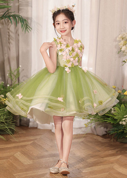 Elegant Green Patchwork Low High Design Tulle Kids Maxi Dresses Summer