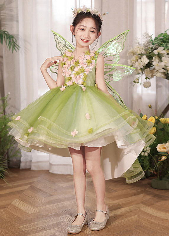 Elegant Green Patchwork Low High Design Tulle Kids Maxi Dresses Summer