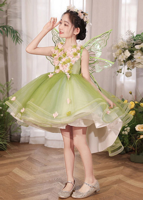 Elegant Green Patchwork Low High Design Tulle Kids Maxi Dresses Summer