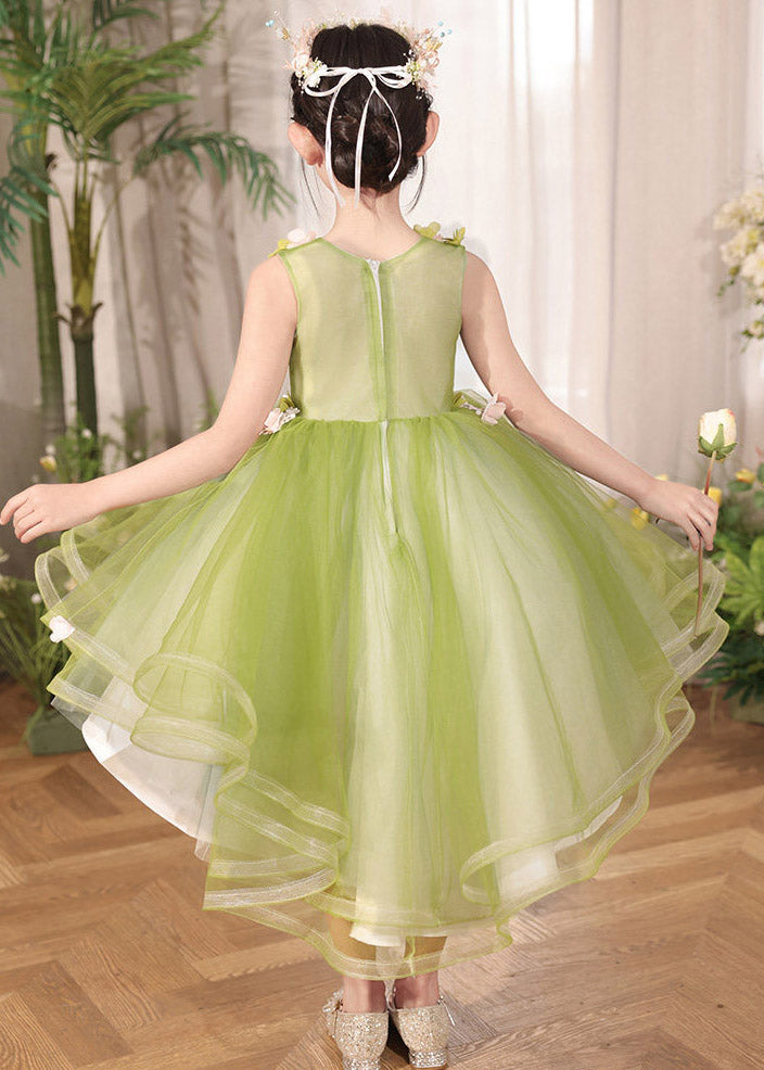 Elegant Green Patchwork Low High Design Tulle Kids Maxi Dresses Summer