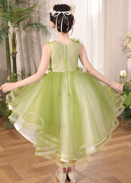 Elegant Green Patchwork Low High Design Tulle Kids Maxi Dresses Summer
