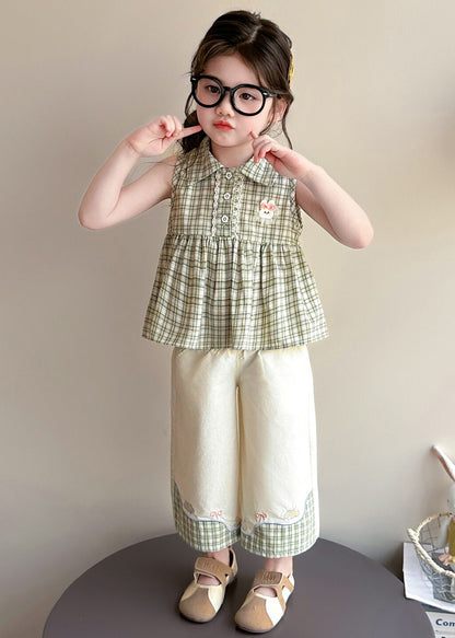 Elegant Green Peter Pan Collar Plaid Cotton Baby Girls Two Pieces Set Summer