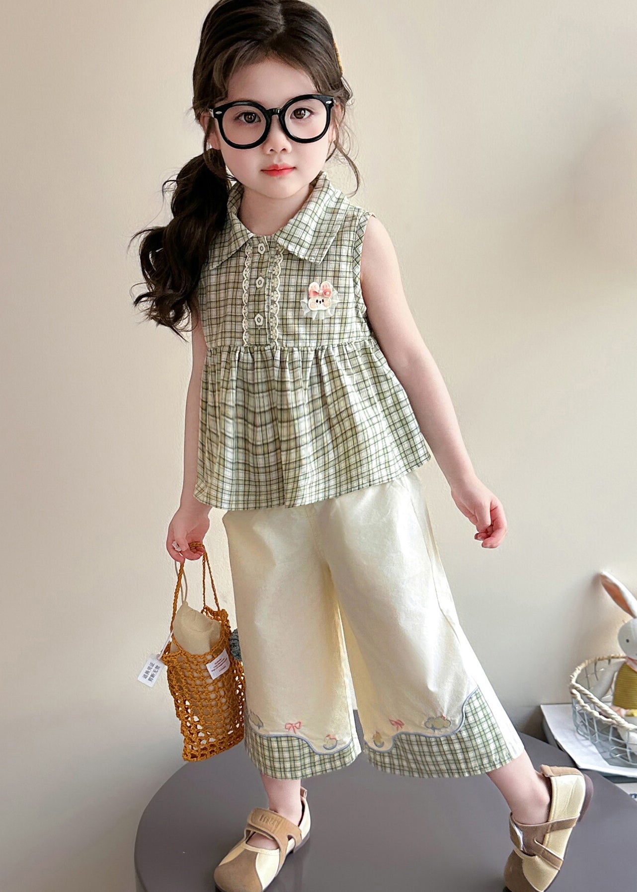 Elegant Green Peter Pan Collar Plaid Cotton Baby Girls Two Pieces Set Summer