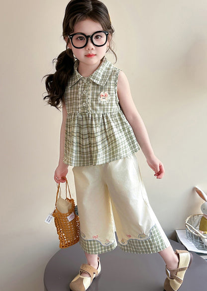 Elegant Green Peter Pan Collar Plaid Cotton Baby Girls Two Pieces Set Summer