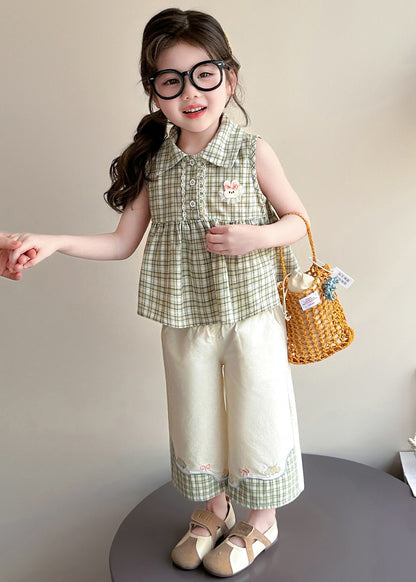 Elegant Green Peter Pan Collar Plaid Cotton Baby Girls Two Pieces Set Summer