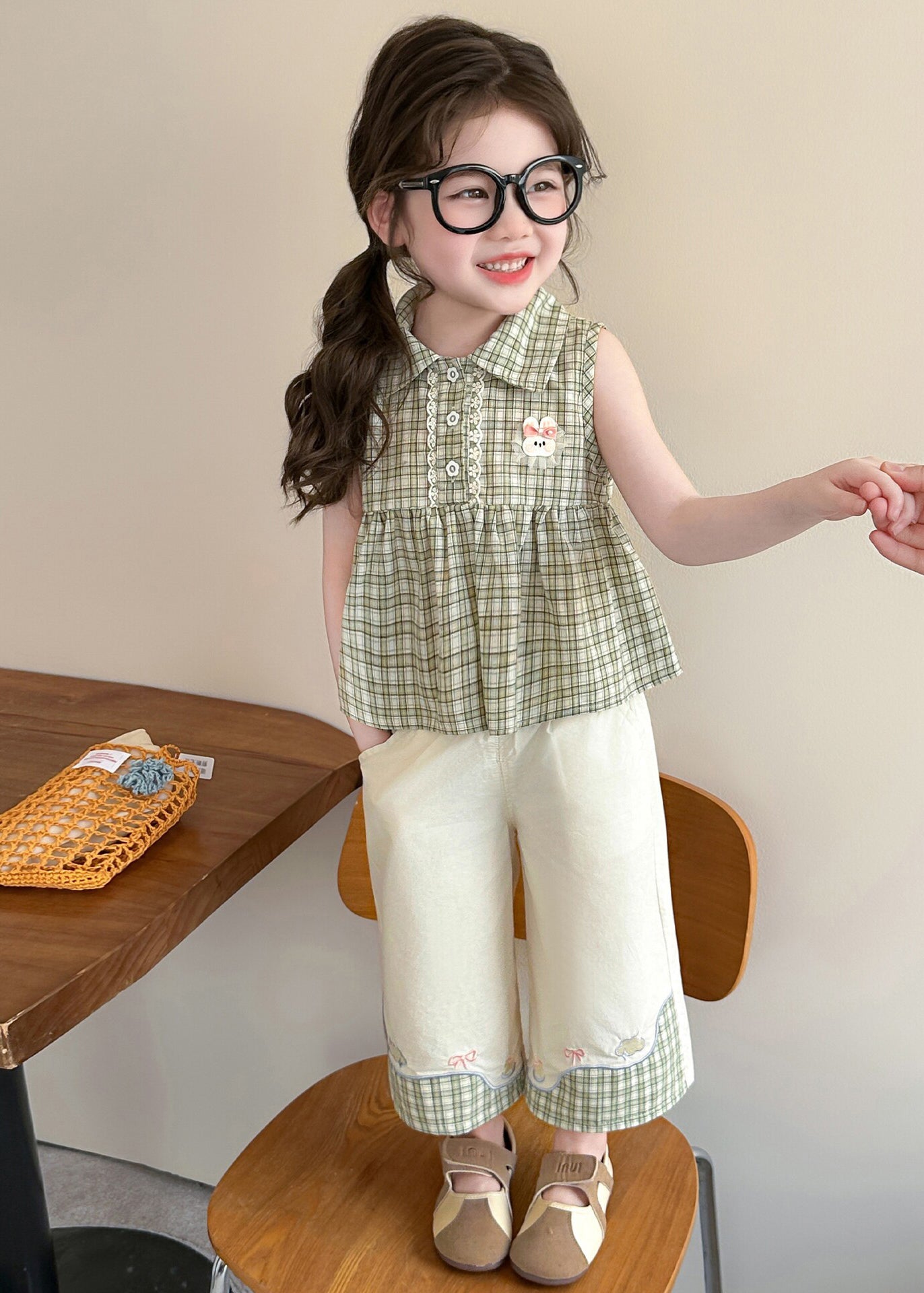 Elegant Green Peter Pan Collar Plaid Cotton Baby Girls Two Pieces Set Summer
