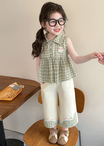 Elegant Green Peter Pan Collar Plaid Cotton Baby Girls Two Pieces Set Summer